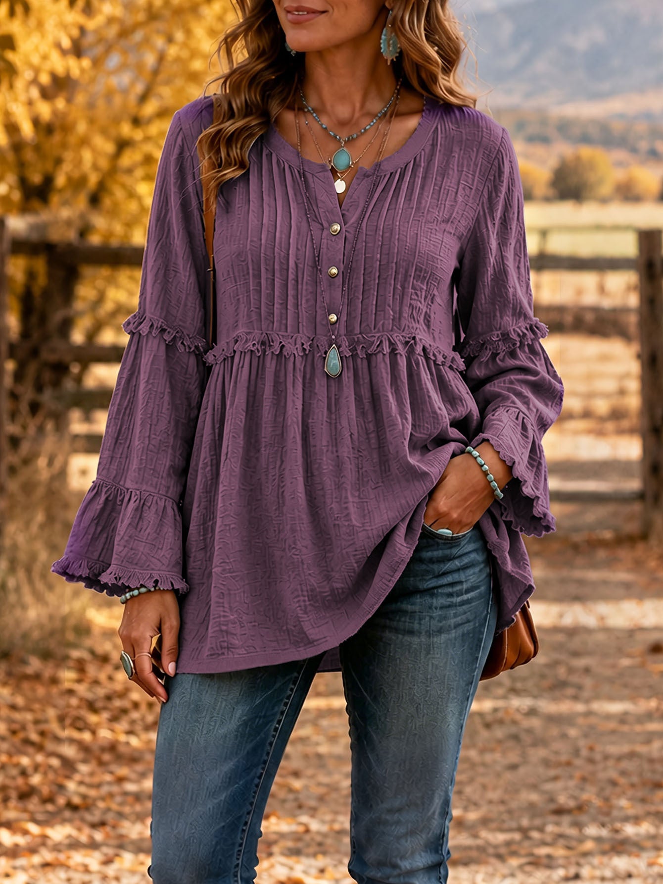 Women's Loose Fringe Spliced Button Casual Blouse Top